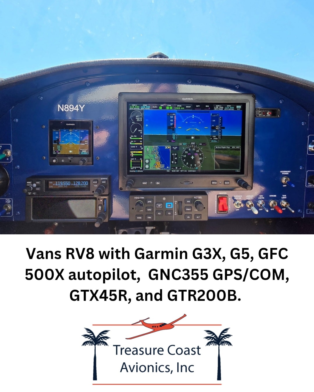 Picture of an airplane control panel equipped with Garmin RV8